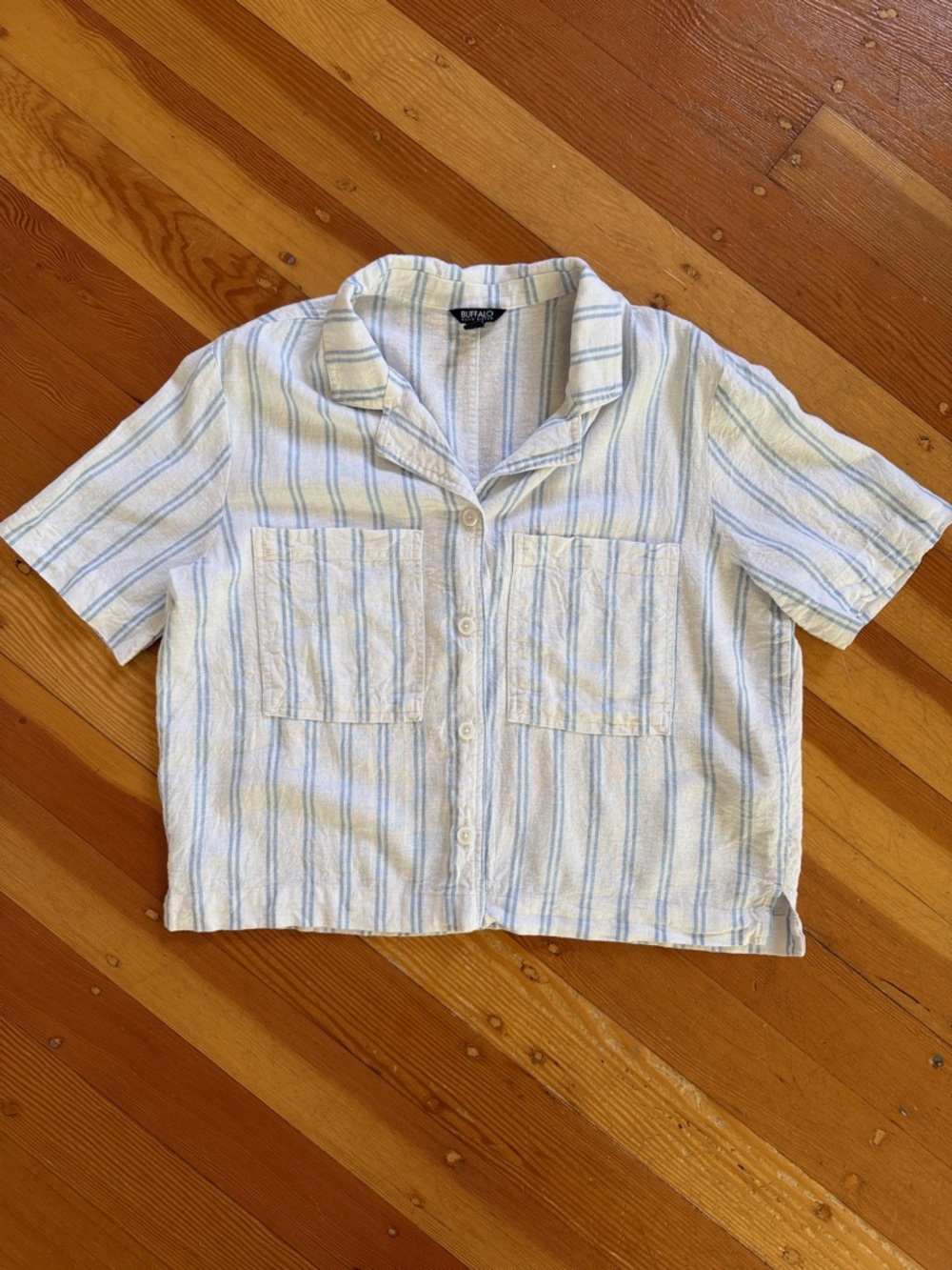BUFFALO David Bitton White Blue Striped Linen Blend Button Down Shirt Large